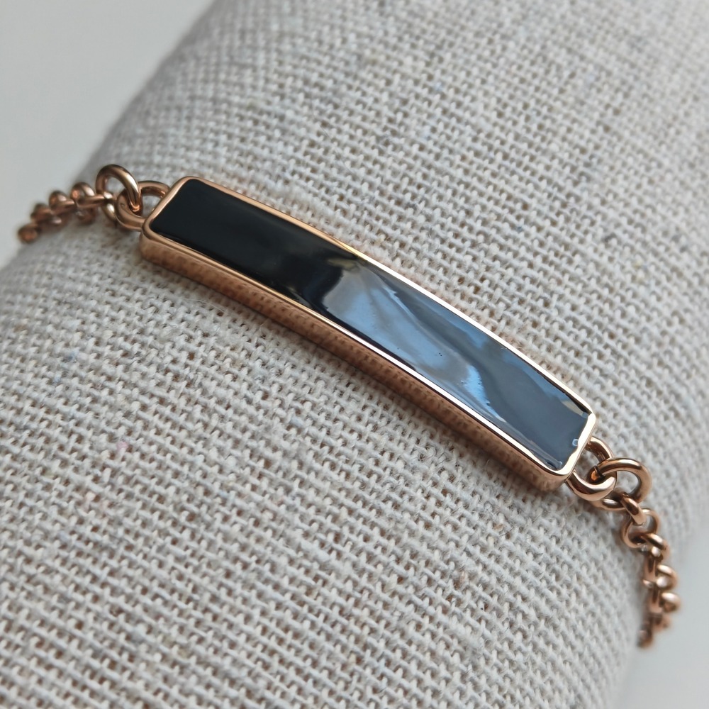 Rose Gold Tone Navy Enamel Bar Chain Bracelet Minimalist ID Style Rectangle
